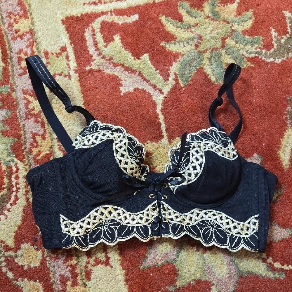 Medieval Bustier Black Lace-Trim Underwire Bra with Gold Embroidery